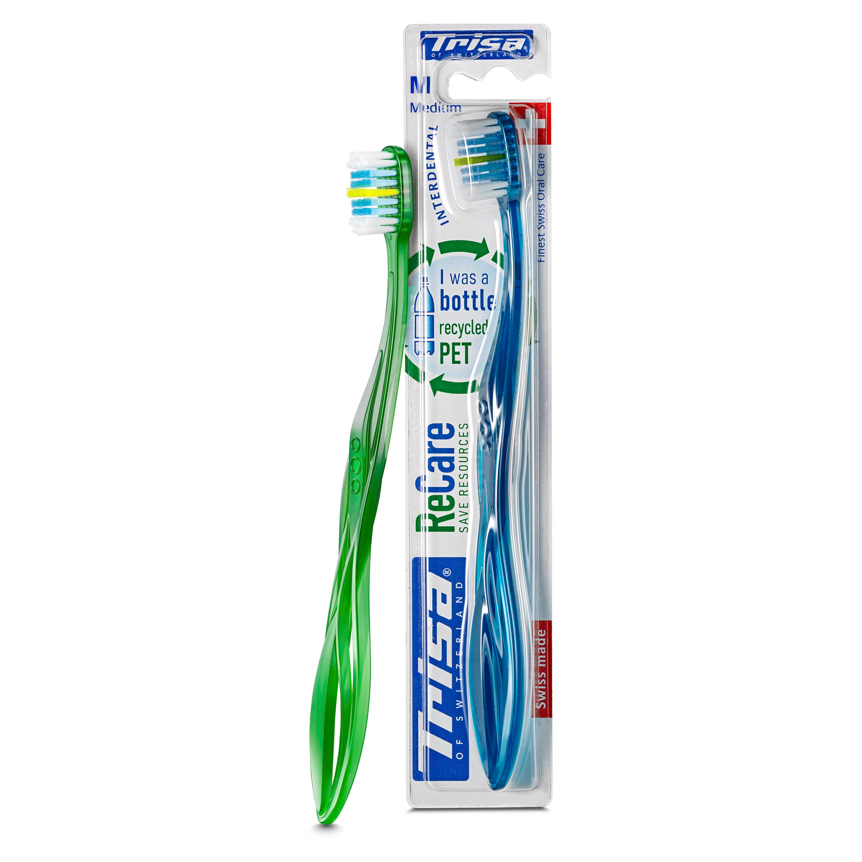 Premium Swiss-made TRISA ReCare toothbrush in original eco packaging made from recycled materials
