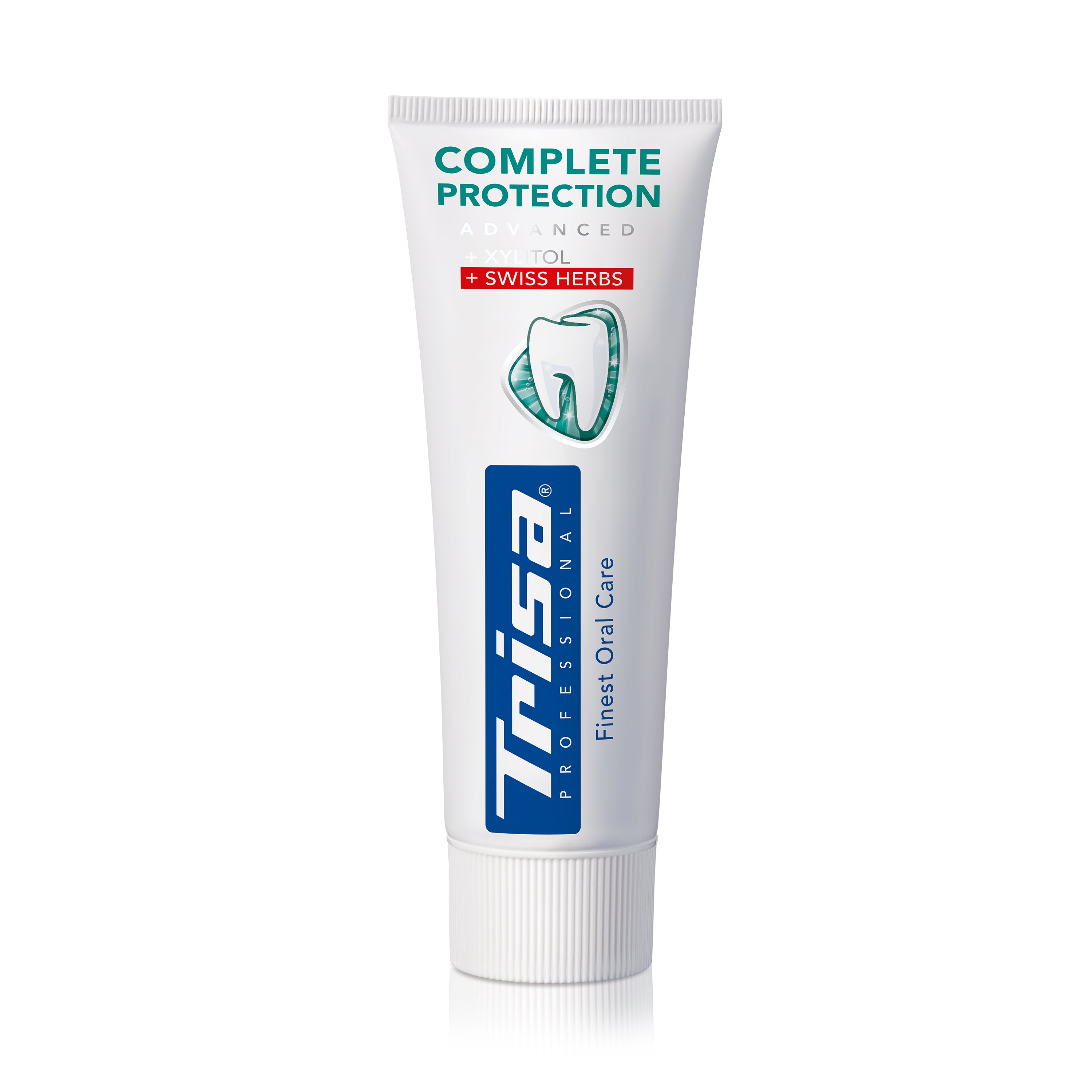 TRISA Complete Protection Swiss Herbs toothpaste tube with herbal formula and fluoride protection
