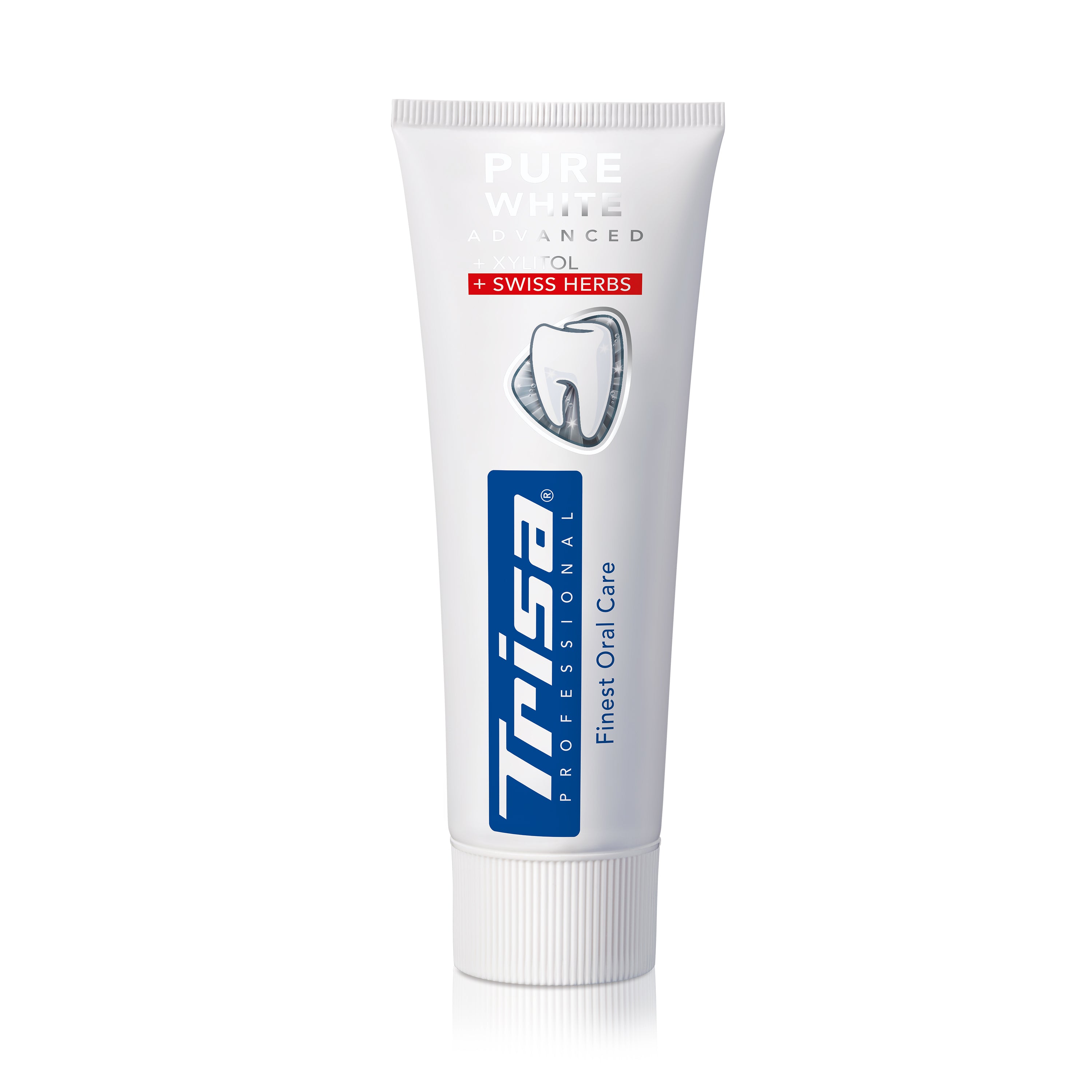 Swiss-made TRISA Pure White Swiss Herbs toothpaste tube with herbal whitening formula and fluoride protection