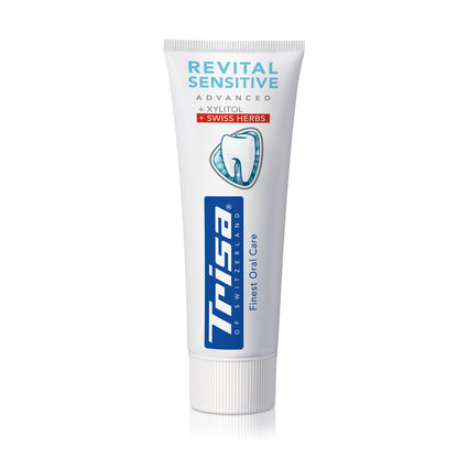 TRISA Revital Sensitive Swiss Herbs toothpaste tube with herbal fluoride formula for sensitive teeth