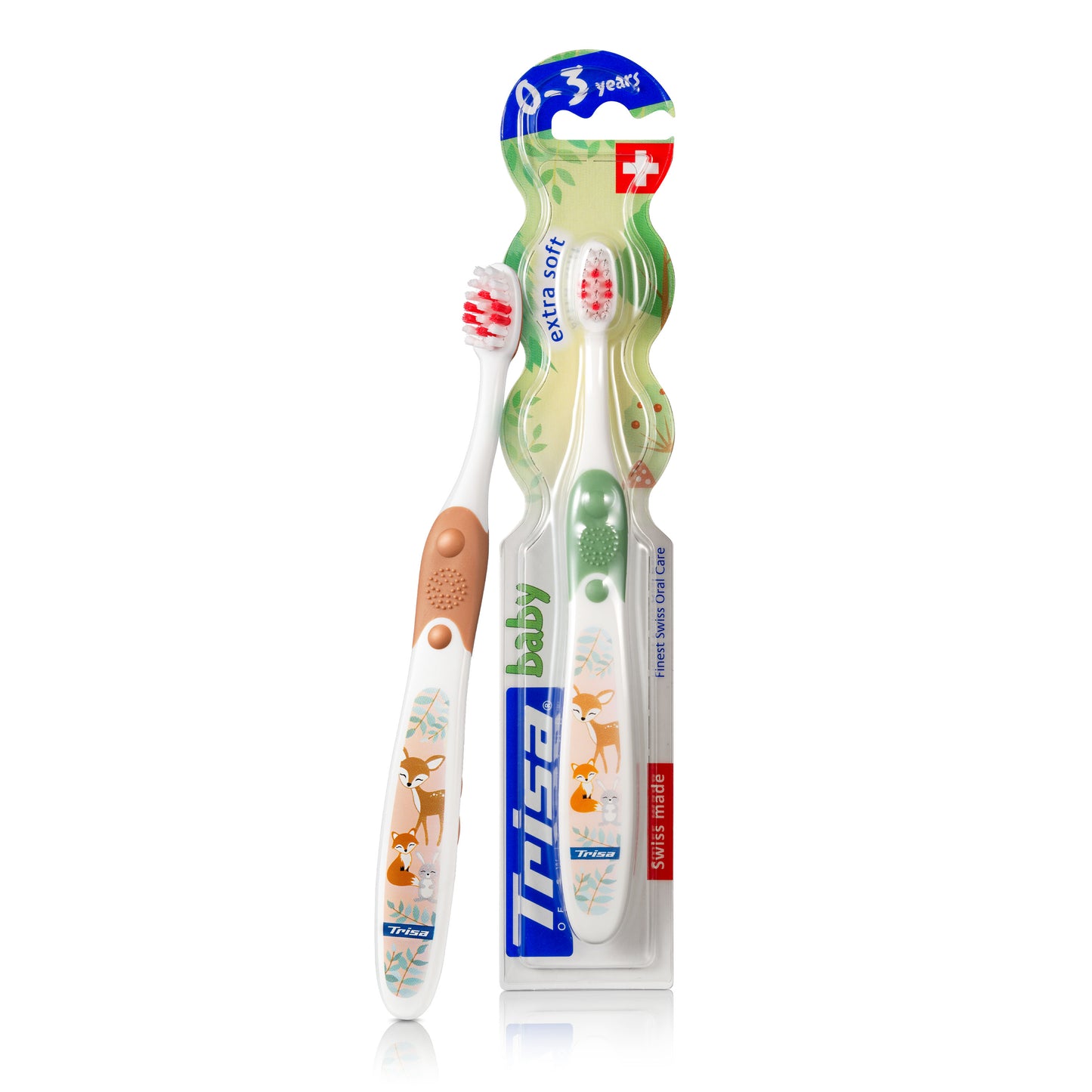 Premium Swiss-made TRISA Baby toothbrush for 0–3 years in original packaging. TRISA Baby toothbrush with small rounded head and ultra-soft bristles.