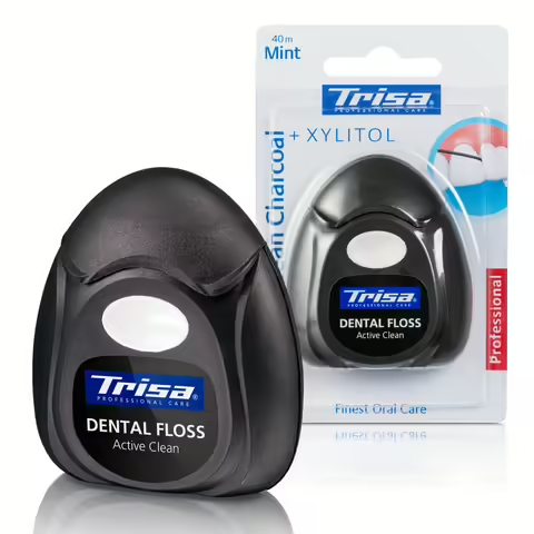 TRISA Active Clean Charcoal Dental Floss 40 m with activated charcoal and mint flavour