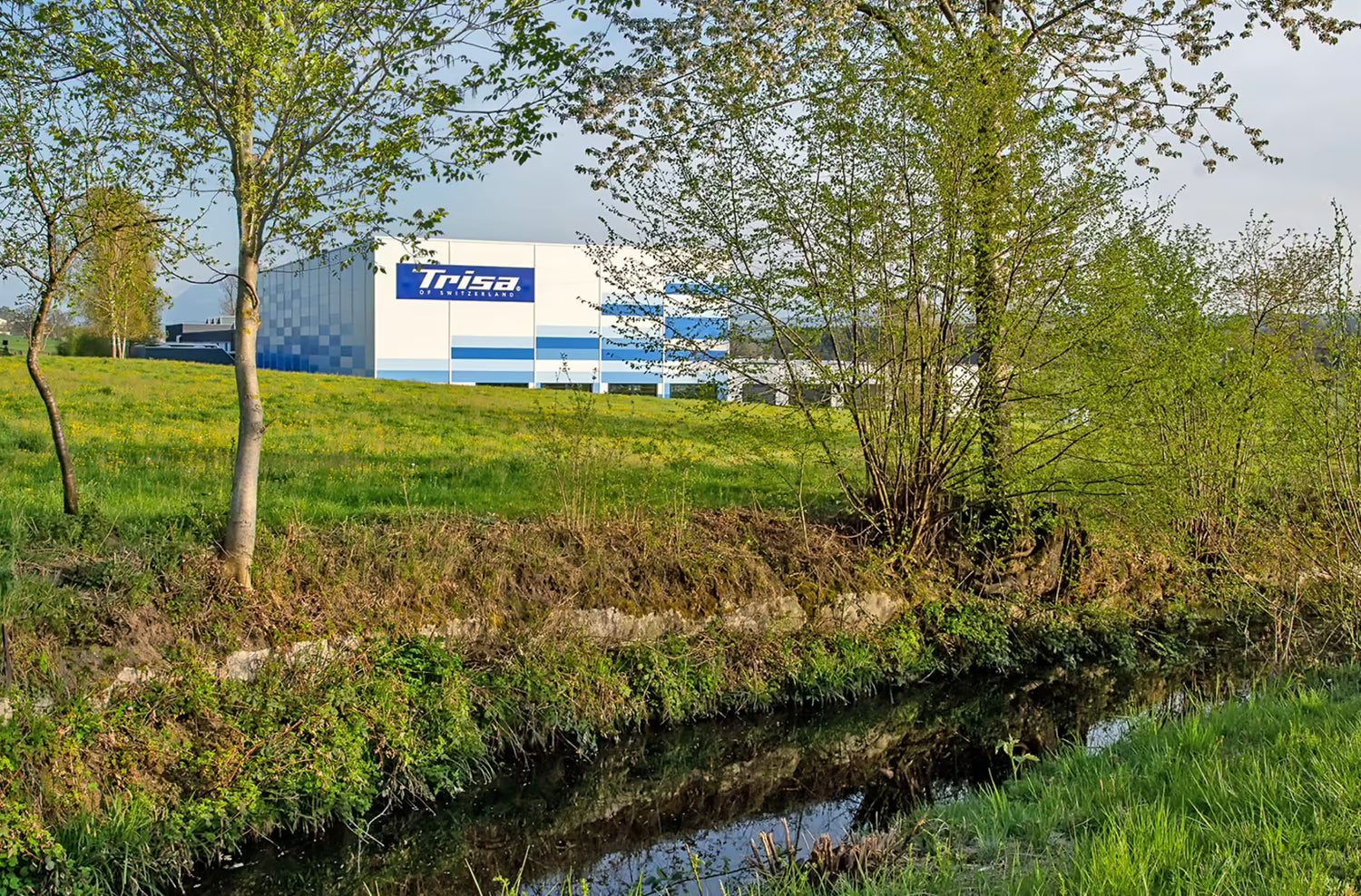 TRISA’s Swiss factory surrounded by greenery, underscoring long-standing environmental commitment.