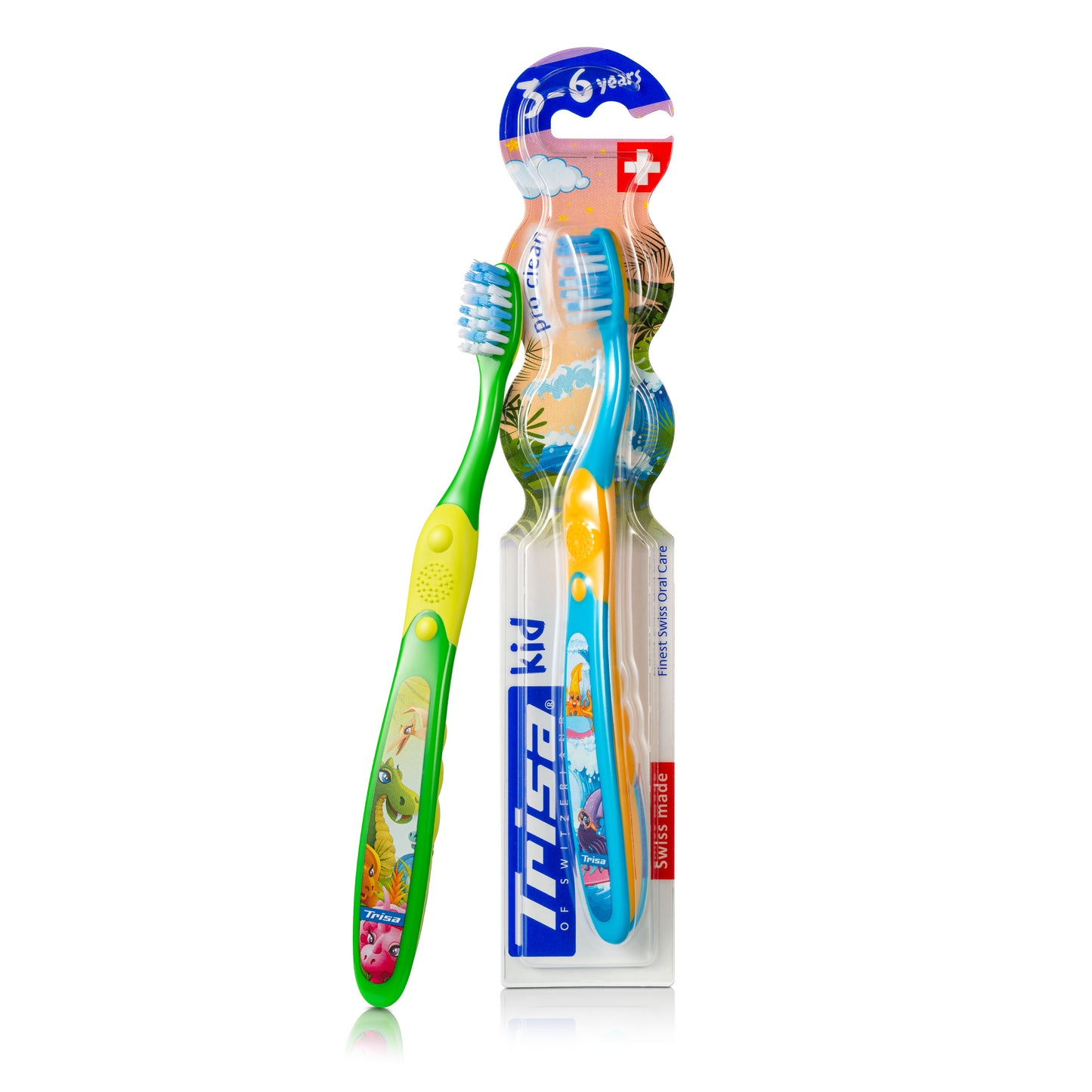 Trisa Kid toothbrushes with packaging on a white background